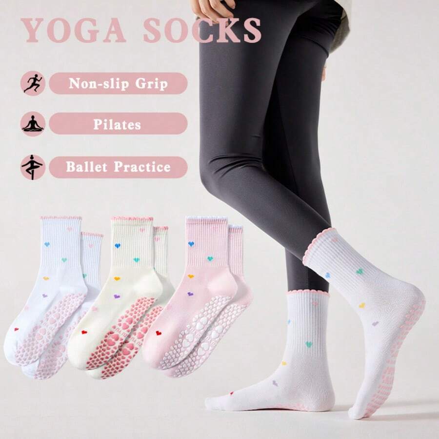 1/2/3/6 Pairs Women's Grip Pilates Socks, Cute Ruffle Trim Heart Pattern Mid-Calf Yoga Socks, Indoor Floor Slipper Socks Suitable For Gym, Workout & Running, Christmas Gift. - Multicolor - View 1