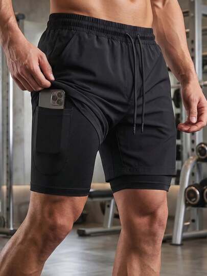 Men's Double Layer Sports Shorts With Phone Pocket, Solid Color Loose Fit Running Fitness Gym Outdoor Athleisure Shorts