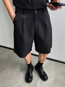 Men's Summer Black Pleated Suit Shorts With Metal Ring Design, Loose Drape Casual Trousers - Black - View 1