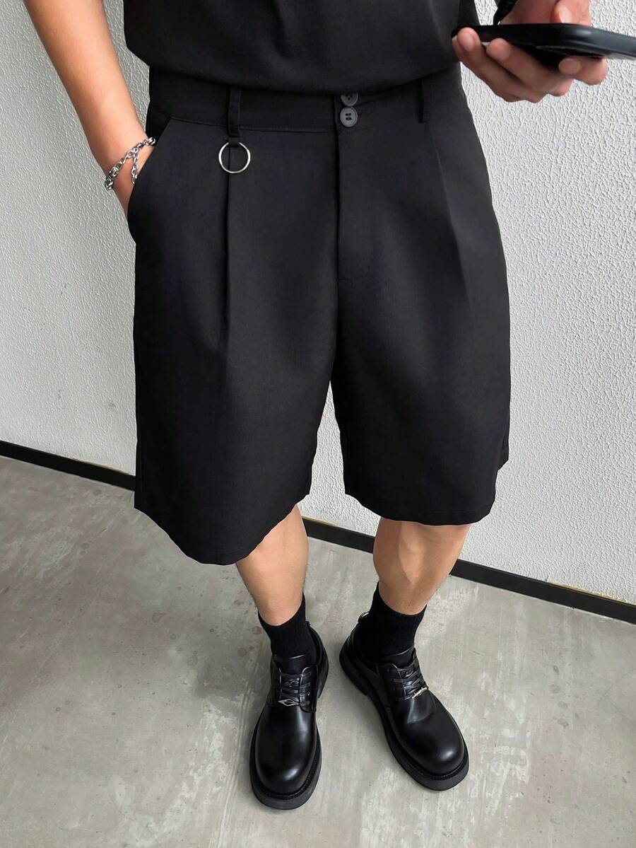 Men's Summer Black Pleated Suit Shorts With Metal Ring Design, Loose Drape Casual Trousers - Black - View 1