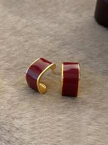 3 Pairs French Vintage Geometric Heart Enamel Stud Earrings Set, Suitable For Women's Daily Commute And Holiday Wear - Burgundy - View 8
