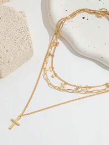 Set de 3 collares de mujer con colgante de cruz, estilo Ins, versátiles y de moda, con strass, flecos, cadena para la clavícula, multicapa y apilables - Dorado - Ver 4