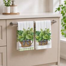 2pcs Green Plant Potted Print Kitchen Towels, Plant Pattern Hand Towels, Absorbent Soft Dish Cloths, Pastoral Style Home Decor Towels, Kitchen & Bathroom Supplies, 4/6/8 Pack - Multicolor - View 4