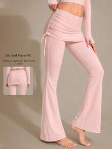 Women's 2-In-1 Pink Skirt-Style Flared Yoga Pants With Outer Skirt Panel, Gym Sports Fall - Pink - View 2
