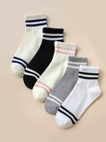 5 Pairs Women's Double Stripe Short Socks, College Style Casual Sports Socks, Comfortable Soft Daily Wear Socks - Multicolor - View 8