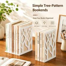 Iron Art Metal Hollow‑Cut L‑Shaped Tree‑Pattern Bookends, Decorative Desktop Book Stopper, Heavy‑Duty Book Holder For Magazines Notebooks, Desk Organizer For Student Home Office Library Stationery Supplies - Sets - View 2