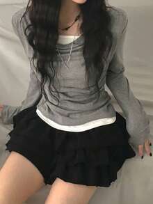 Sweet Cool Hot Girl Style Waist-Cinching 2 In 1 Versatile T-Shirt - Grey - View 4