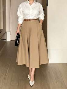 Rok A-Line Berpinggang Tinggi untuk Wanita Ukuran Plus, Cocok untuk Musim Semi, Musim Panas, dan Musim Gugur, Dilengkapi Saku, Rok Panjang Elegan dan Serbaguna untuk Kantor, Perjalanan, Pakaian Sehari-hari, dan Kencan - Mocha Brown - View 1