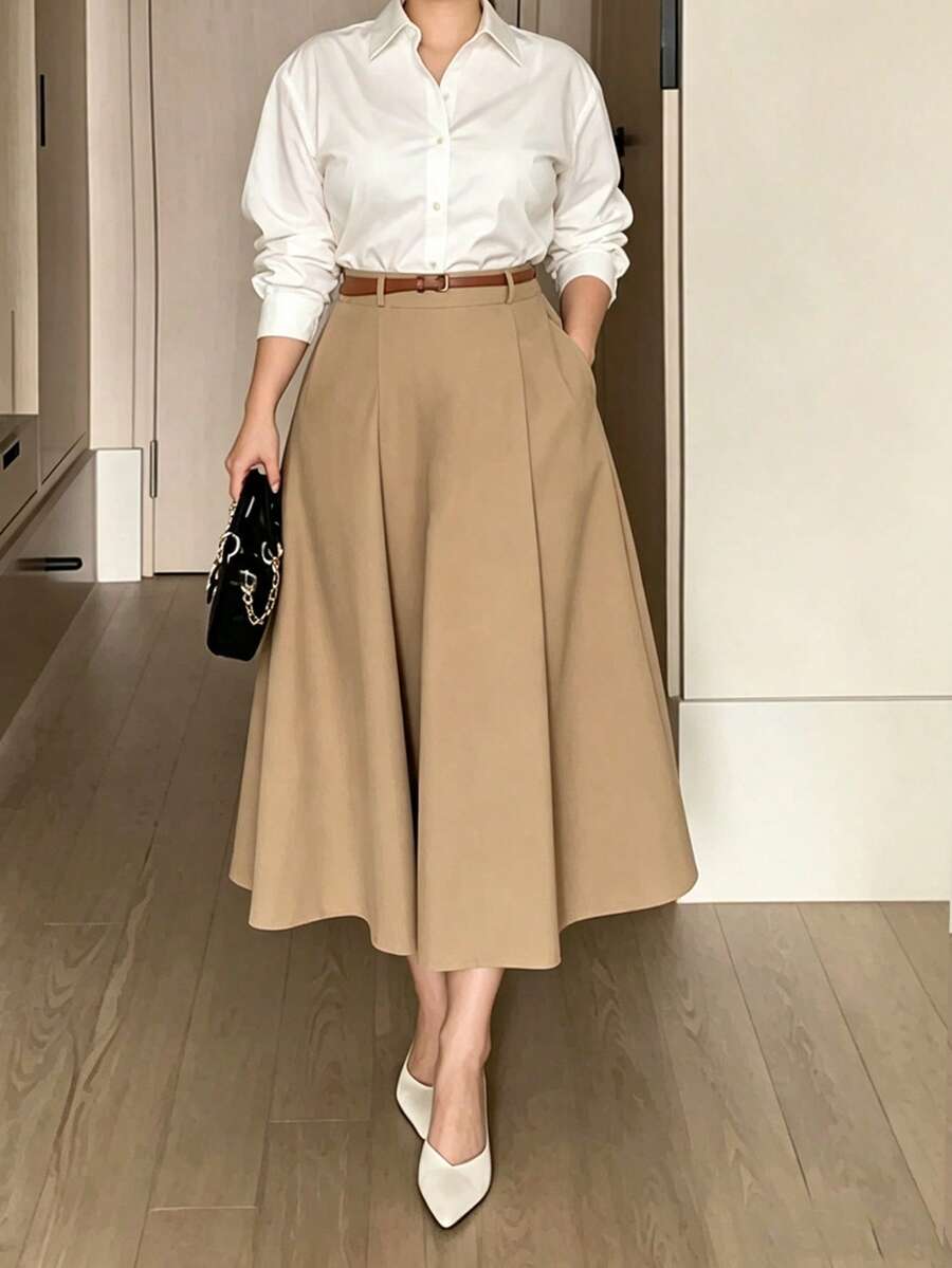 Rok A-Line Berpinggang Tinggi untuk Wanita Ukuran Plus, Cocok untuk Musim Semi, Musim Panas, dan Musim Gugur, Dilengkapi Saku, Rok Panjang Elegan dan Serbaguna untuk Kantor, Perjalanan, Pakaian Sehari-hari, dan Kencan - Mocha Brown - View 1