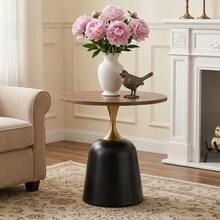 60cm Round Side Table, Living Room Table With Metal Frame, Simple And Modern Tabletop With Walnut Finish, Meeting Table, Unique Round Desk For The Bedroom Or Next To The - 黑色 - 查看 5