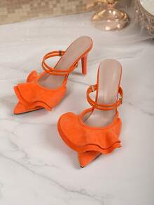 Bright Orange Ruffled Pointed Toe Stiletto Heel Backless Mule Sandals For Women, Double Strap Rhinestone High Heel Slippers, Sexy Party Evening Dress Sandals, Eye-Catching Slimming Niche Fashion High Heels For Party And Date - Burnt Orange - View 8