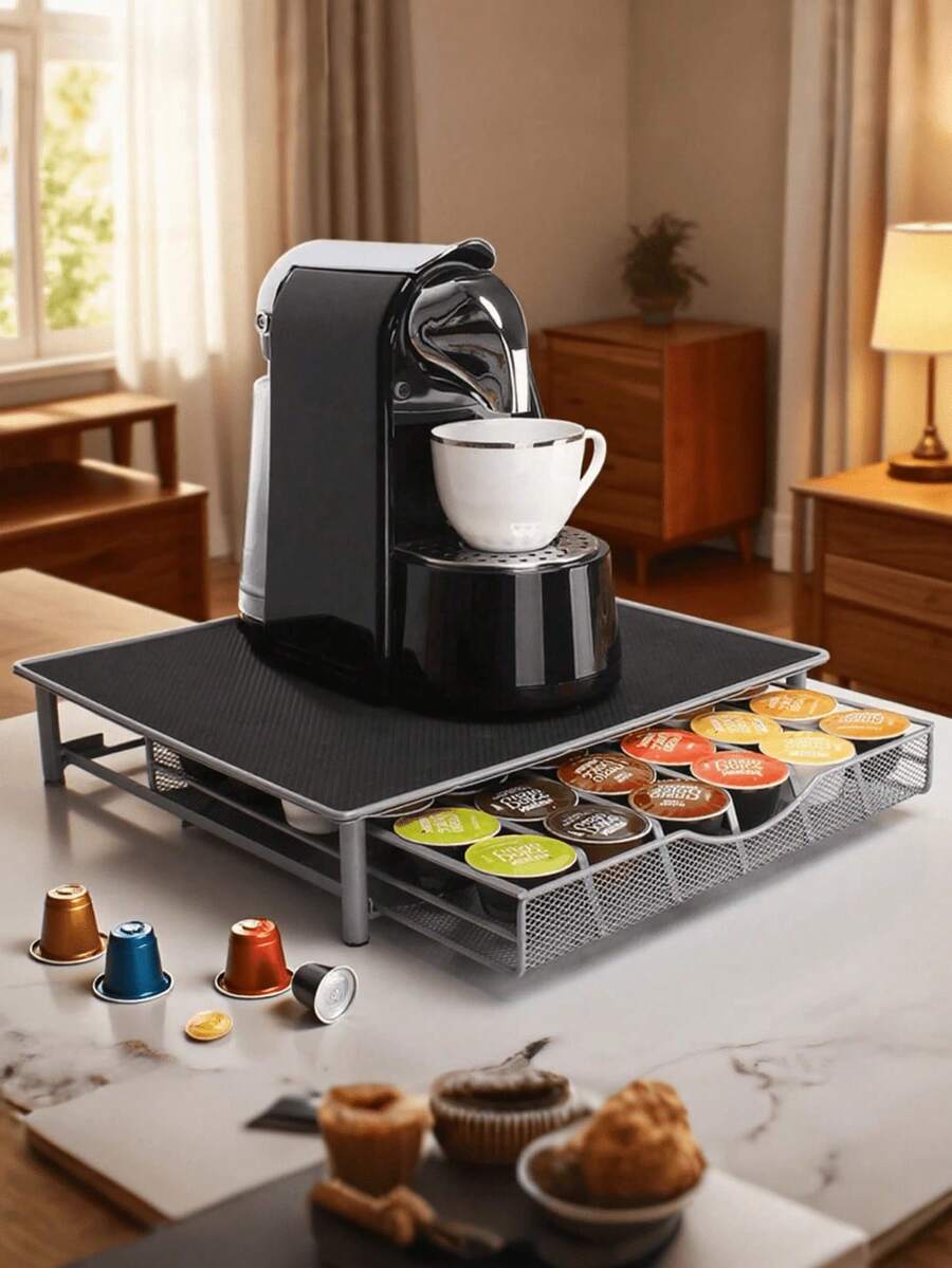 1 pieza Soporte para monitor de malla de alambre metálico con caja de almacenamiento extraíble, caja de almacenamiento multifuncional de escritorio para cápsulas de café, teclado & papelería, caja organizadora de suministros de oficina, hogar, escritorio de estudio & contenedor de almacenamiento para mesa de computadora