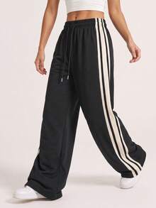 1pc Women's Spring/Summer Soft Comfortable Breathable Striped Running Fitness Casual Sweatpants - Black - View 2
