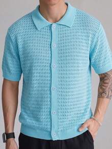 Men's Unisex Knit Polo Shirt, Street Casual Business Commute Versatile Turn Collar Mesh Loose Short Sleeve Solid Color Cardigan Knit Top - Blue - View 2