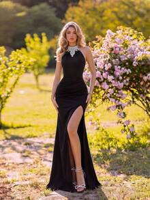 ADYCE Elegant Rhinestone Embellished Halter Neck Pleated High Waist Backless Tie Long Ball Gown Evening Dress, Formal Wedding Guest Evening Gown Black Fall - Black - View 1