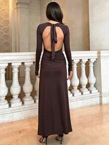 Women's Autumn/Winter Fitted Long Sleeve Round Neck Ruched Layered Patchwork Split Hem Tie Waist Elegant Party Date Long Dress - Brown - View 10