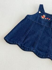 Miniweenns 1pc Baby Girl Denim Sweet Cute Style Adjustable Suspenders Embroidered Pocket Wavy Hem Dress - Blue - View 10