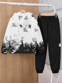 Tween Boy Autumn/Winter Casual Fashion College Street Commute Snow Mountain Print Thermal Lined Jacket & Cargo Jogger Pants 2pcs Set - Multicolor - View 2