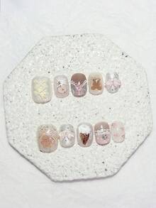 10pcs Milk Mist Glitter Cat Eye Cute Bear Apple 3D Bow Star Hand-Painted Lace Short Round Nail Art Supplies (1pc Jelly Sticker + 1pc Nail File) - Multicolor - View 14