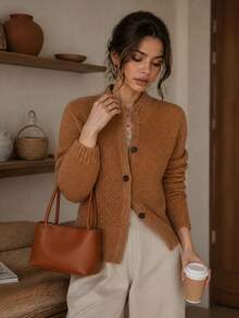 Autumn/Winter New Elegant Loose Fit Commuter Cardigan, Vintage Sheep Wool Knit Open Front Sweater Jacket For Women - Khaki - View 1