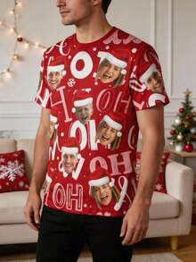 1pc Unisex Customized Multi-Photo Red Ho Ho Ho Letter Snowflake T-Shirt, Personalized Short Sleeve Top, Casual Holiday Outfit Gift - Multicolor - View 4