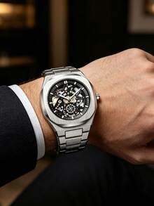 Fashion Hollow Automatic Mechanical Men's Wristwatch, Asymmetrical Case, Casual Business Tourbillon Skeleton Dial, Silver Stainless Steel Band, Luminous Hands, Gift-Grade Watch - Silver - View 7