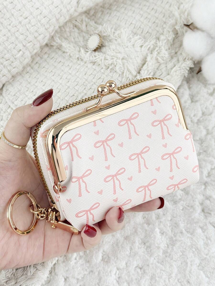 Fashionable Bow Print Zipper Credit Card Holder With Chain Keychain, Multi-Compartment Design, Suitable For Travel