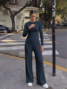 Women's Long Sleeve Slim-Fit Top And Wide Leg Pants Set, High Stretch, Breathable Two Pieces Outfit For Fall And Winter - Navy Blue - View 10