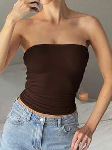 Women's Seamless Tube Top, Solid Color Elastic Fitted Tank Top, Fashion Basic Tube Top, Suitable For Spring, Summer, Autumn, Brown - Brown - View 11