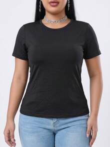 Women Curve Plus Size Basic Short Sleeve T-Shirt With Built-In Padded Bra, Multi-Scene Wear No Bra Needed Loungewear Sleep Layering Shirt - Black - View 4