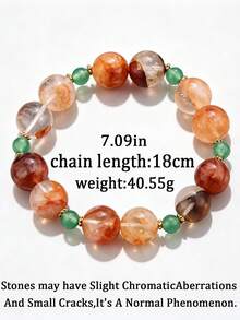 1 Pc Fall Decor Natural Mixed Crystal Stone Beaded Bracelet Red Phantom Quartz Green Aventurine Round Beads Healing Bracelet Fall Style Jewelry Women - Bracelet - View 6