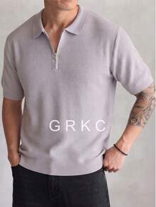 GRKC Men's Short Sleeve Polo Shirt, Polo Collar, Short Knit, Loose Straight Fit, Business Casual Style, Half-Zip Knit Polo, Spring/Summer Top - Light Grey - View 1