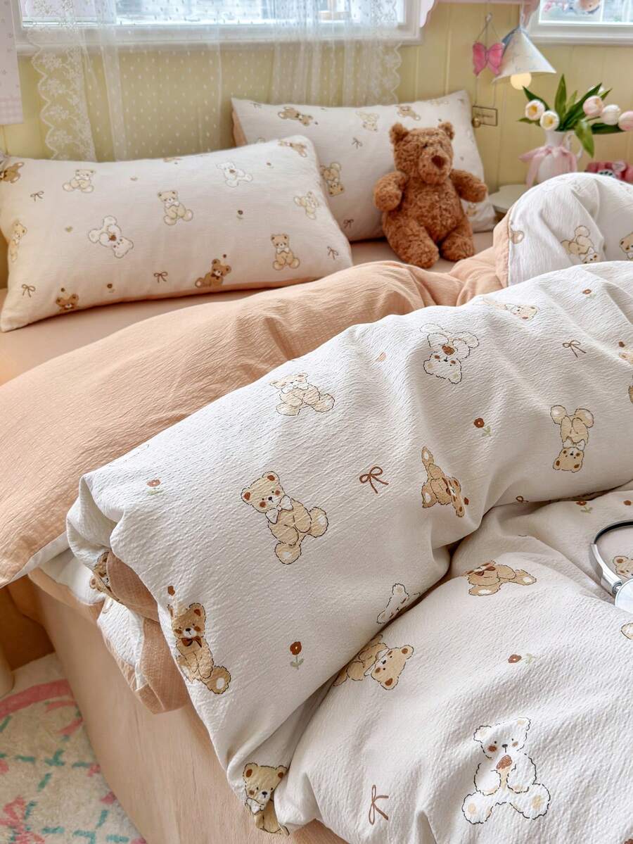 Bow Bear Duvet Cover 3 Pieces Set, Simple & Cute, Spring/Summer, Double-Layer Synthetic Gauze, Includes 1 Duvet Cover And 2 Pillowcases, Duvet Insert And Pillow Insert Not Included, Pillowcase Pattern Randomly Cut