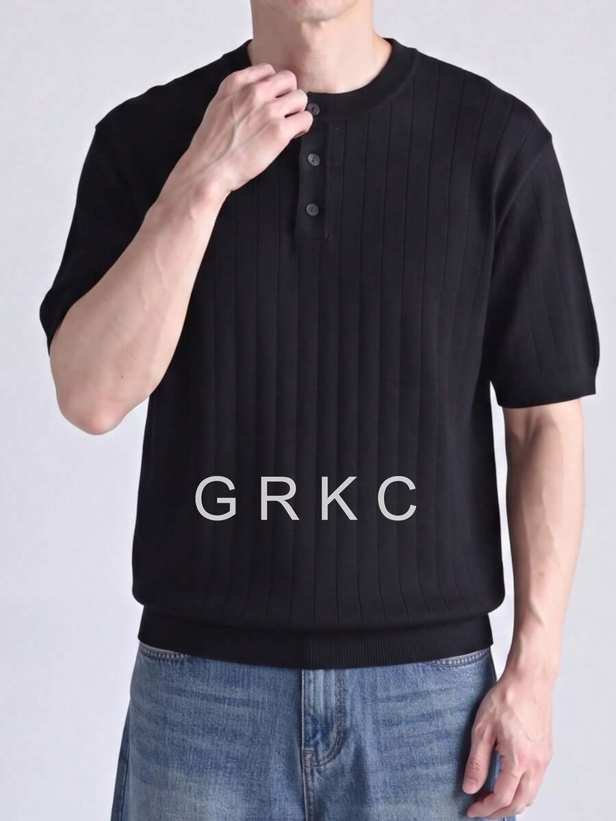 GRKC 男士短袖針織亨利領圓領寬鬆直筒休閒風亨利領針織T恤 春夏上衣 - 黑色 - 查看 1