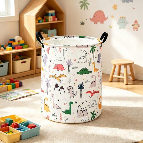 1PC Cute Cartoon Dinosaur Print Foldable Fabric Laundry Basket With Handles, Colorful Jungle Dinosaur Pattern Storage Bin, Multi-Functional Clothes And Miscellaneous Organizer, Perfect For Playroom Or Bedroom Decor
