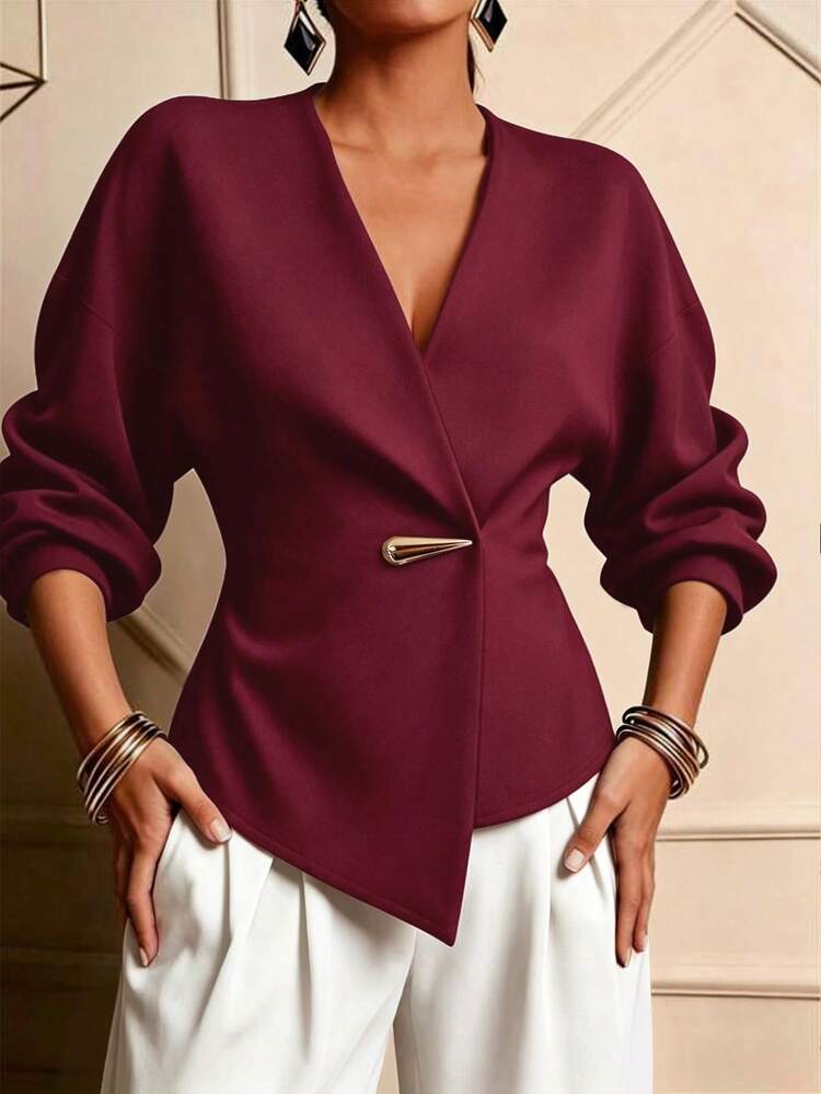 IGKEEL Blus Lengan Panjang Wanita Warna Polos, Hem Asimetris, Kancing Dekorasi Logam, Cocok untuk Kerja, Pakaian Sehari-hari, Perjalanan dan Kantor - Burgundy - View 3