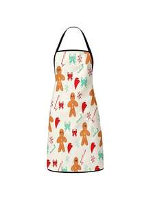 2Pcs Waterproof Merry Christmas Household Aprons, Bright Blue 3D Cartoon Gingerbread Man Snowman Peppermint Candy & Off White Gingerbread Bow Candy Cane Winter Element Printed Adjustable Bib Aprons, Indoor Baking Cleaning Xmas Decorative Apron Gifts - Multicolor - View 5