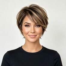 Women's Human Hair Short Wig, Brown With Gold, Style, Layered, With Bangs, No Glue No Front Band, Fully Machine Woven, Easy To Wear - Multicolor - View 2