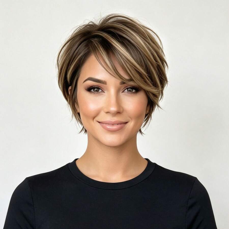 Women's Human Hair Short Wig, Brown With Gold, Style, Layered, With Bangs, No Glue No Front Band, Fully Machine Woven, Easy To Wear