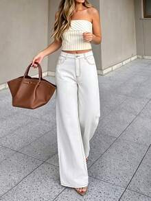 TOP Y2K Fashion Women's Straight Leg Jeans, Non-Stretch Light Wash Denim, Classic Button Closure, Relaxed Casual Fit White Fall - White - View 8