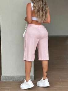 Women's Solid Color Knee-Length High-Waisted Wide-Leg Casual Shorts, Summer New Style, Summer Thin Wide-Leg Pants For Outdoor Wear Pink - Pink - View 2