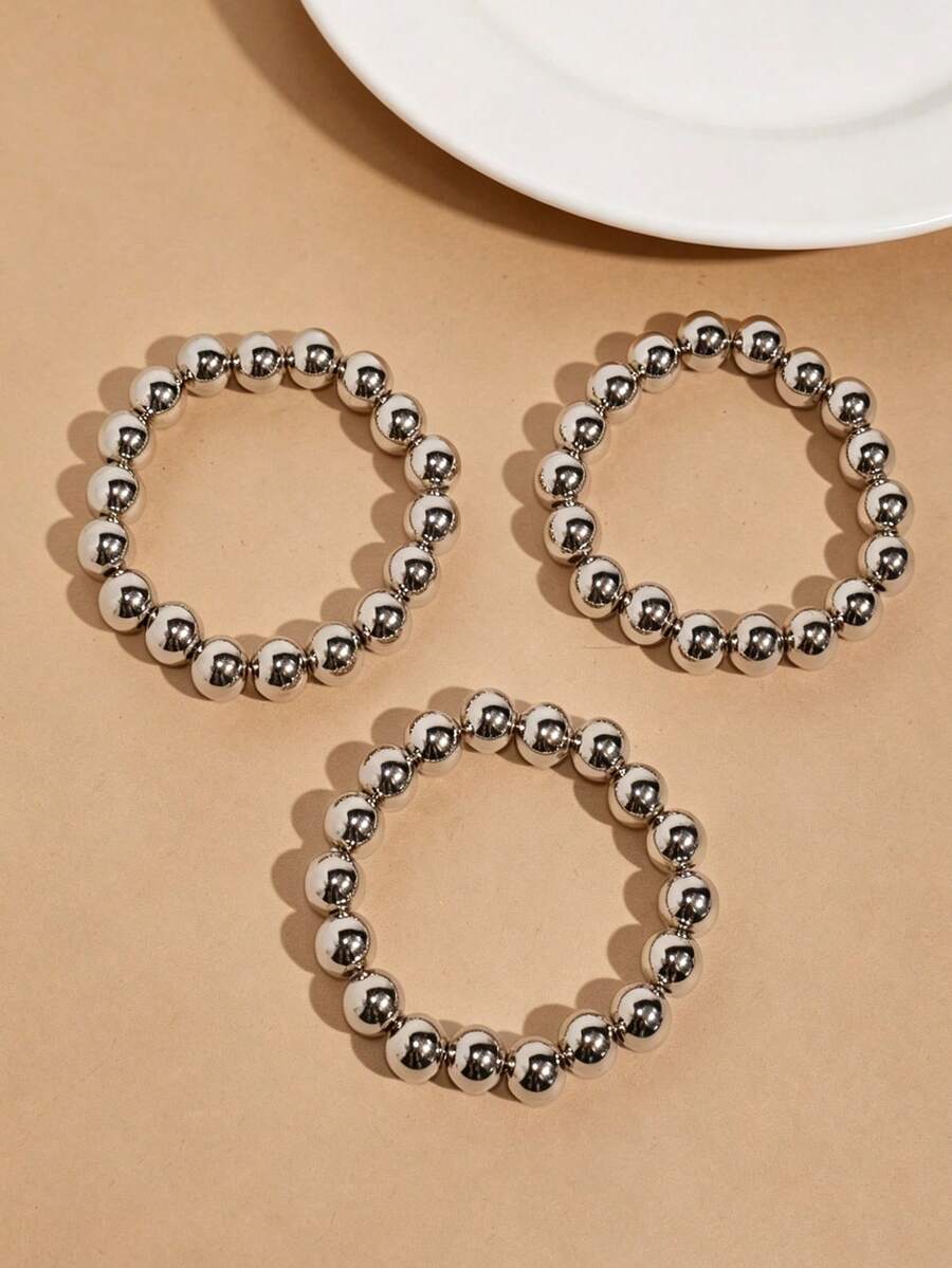 3pcs/Set Silver Beaded Elastic Bracelets Minimalist Layered Bangles Everyday Versatile Jewelry Gift - one-size - View 1