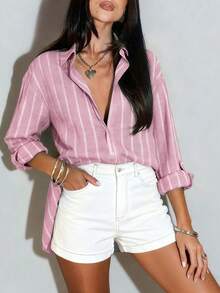 Camisa de algodón y lino con diseño de cuello a rayas, puños con botones, versátil y casual, nueva colección de otoño en color rosa - Rosa - Ver 1