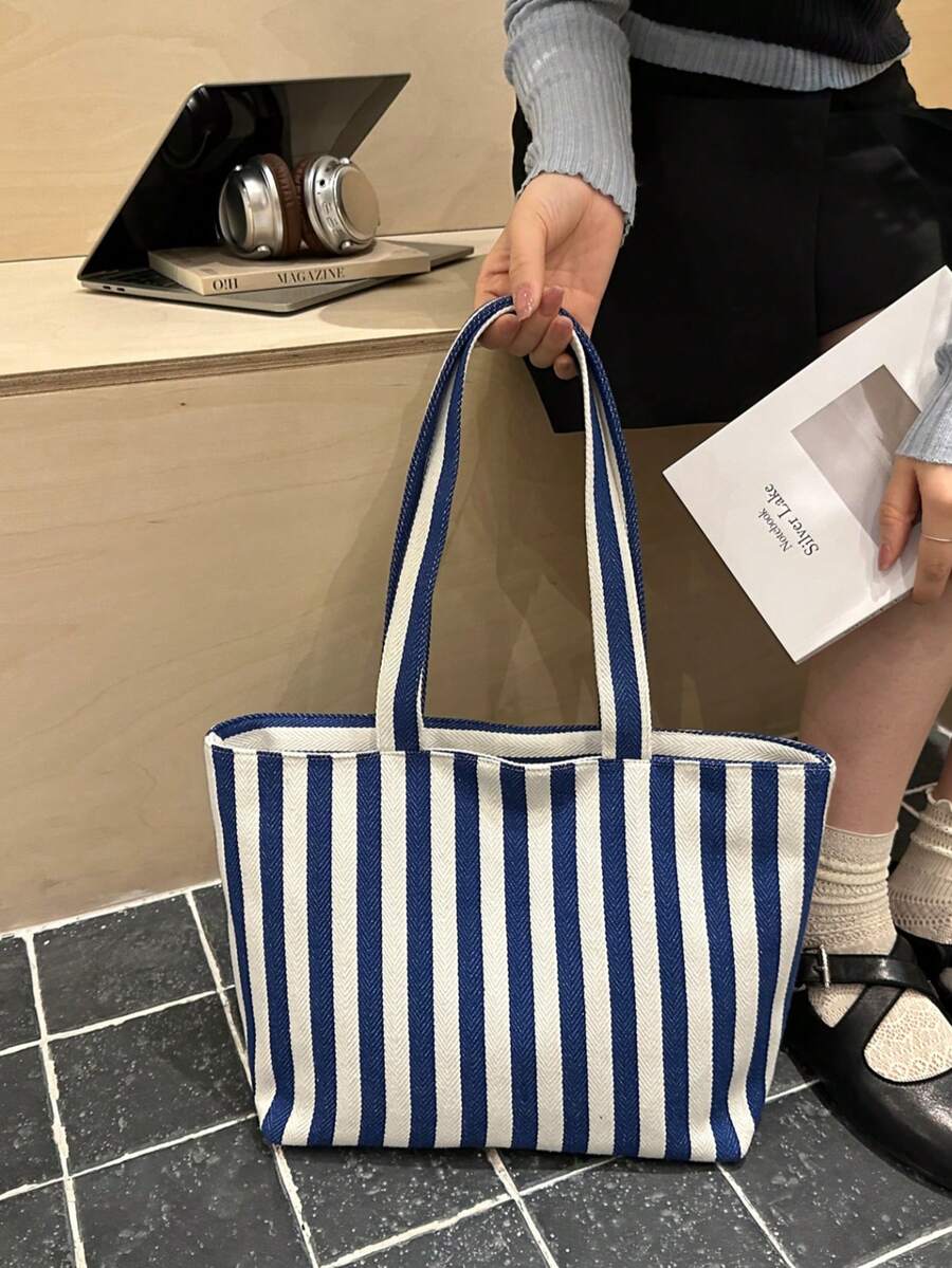 New Striped Tote Bag, Large Capacity Cute Girl Shoulder Canvas Handbag, Portable Mini Style, Canvas Material, Striped, Printed Decoration - Blue - View 1