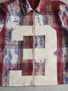 Graffiti Plaid Jacquard Thickened Zipper Jacket, Plus Size 23, Decorated With Embroidery Applique, Loose Fit Y2K Hip-Hop Streetwear Jacket - Red - View 4