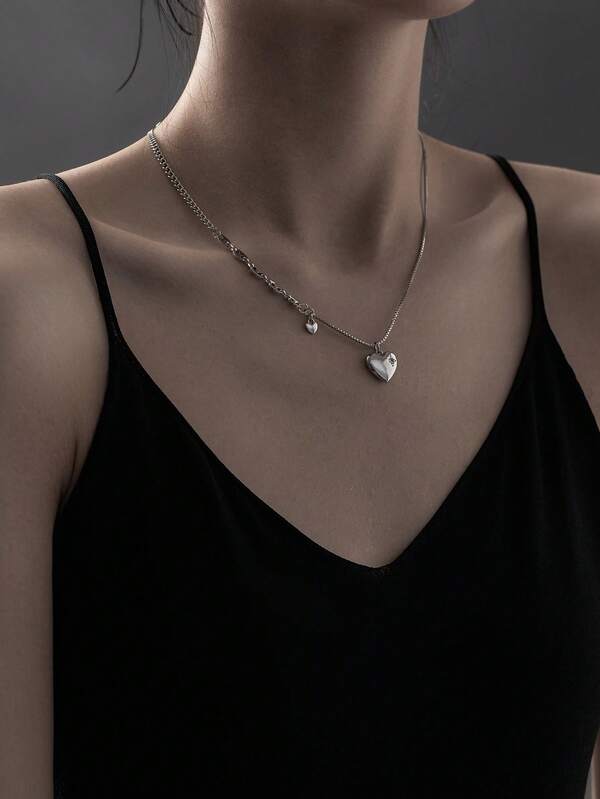 1pc Coffee Bean Sequin 3D Heart Shaped Necklace, INS Korean Style Fashion Versatile Collarbone Chain For Women