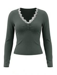 LovelyWholesale Women's Casual Lace Patchwork V-Neck Button Decor Long Sleeve Ribbed Knit T-Shirt, Autumn - Army Green - View 4