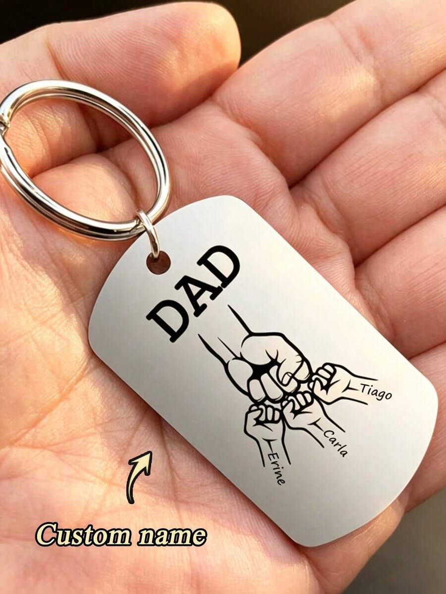 1pc Customized Engraved Stainless Steel Dad Keychain, Personalized Engraving 1-4 Names, Fashion Metal Keychain, Silver Black, Name Customization, Customized Christmas Gift, Customized Keychain, Personalized Customization, Perfect Christmas Gift, Birthday Gift, Anniversary Gift, Father's Day Gift For Dad - Gold 2 - View 1