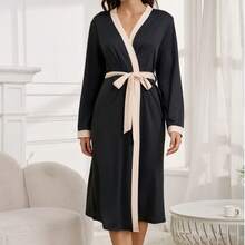 Women's Elegant V-Neck Adjustable Waist Long Robe - Soft Machine Washable Casual Home Morning Robe, Comfortable Loungewear Sleepwear - Black - View 4