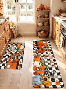 1/16Pcs Hello Fall Theme Doormat, Thanksgiving Door Mat, Printed With Orange Pumpkin, Maple Leaf And Black & White Plaid Pattern, Autumn Harvest Festival Decoration Mat, Welcome Kitchen Rug, Dirt-Resistant Floor Mat, Autumn Party Decoration - Multicolor - View 2